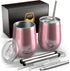Carpe 12 oz Stemless Insulated Wine Glass Tumbler with Sliding Lid and Straw, Spill Proof Stainless Steel Double-Wall Wine Tumbler Cups for Champaign, Cocktail, Coffee, Drinks, Set of 2 (Rose Gold)