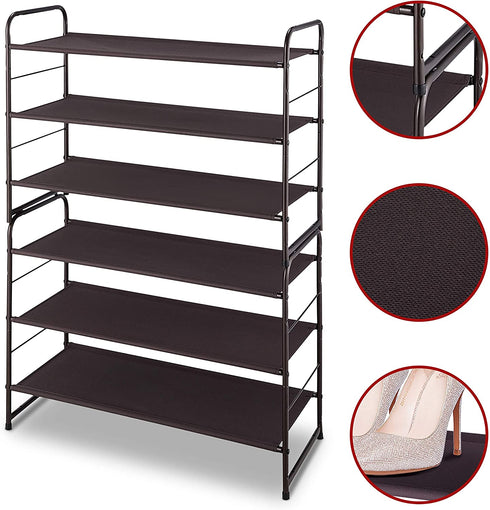 Simple Trending 3-Tier Stackable Shoe Rack, Expandable & Adjustable Fabric Shoe Shelf Storage Organizer, Bronze