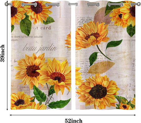YUMOING Hand Drawn Vibrant Yellow Watercolor Sunflowers Kitchen Curtains Window Curtain Tiers for Caf©, Bath, Laundry, Living Room Bedroom 26 X 39 Inch 2 Pieces