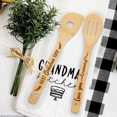 5PCS Grandma Gifts Wooden Spoons Mother's Day Thankful Christmas Birthday Gifts Nana Non-Stick Organic Bamboo Kitchen Cooking Spatula Laser Engraved Wooden Utensils for Grandparent's Day