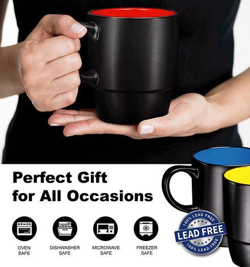 Ceramic Stacking Coffee Mug Tea Cup Dishwasher Safe Set of 6 - Large 18 Ounce, Matte Black