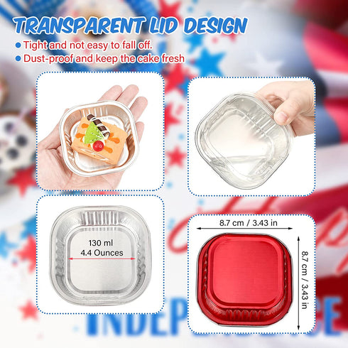 40 Sets Square Aluminum Foil Cake Pan 130 ml/ 4.4 Ounces Mini Cupcake Cup Pan with Lids Disposable Dessert Pans Flan Baking Cups for Valentine's Mother's Day Wedding Birthday Party (Red)