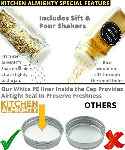 16 Glass Spice Jars Complete Set: 667 Chalkboard & Clear Printed Spice & Pantry Labels - Premier 8 fl Oz Empty Square Bottles w/ Pour/Sift & Coarse Shakers & Airtight Caps - Silicone Funnel Included