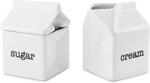 Darware Sugar and Creamer Set, Milk Carton Shaped White Ceramic Cream Jug and Sugar Bowl