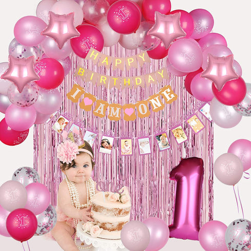 EAF 1st Birthday Girl Decorations 78PCS Pink 1st Birthday Decorations for Girl with Pink Tinsel Curtain, 12 Months Photo Banner, 1st Birthday Highchair Banner, I AM ONE and Happy Birthday Banner