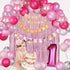 EAF 1st Birthday Girl Decorations 78PCS Pink 1st Birthday Decorations for Girl with Pink Tinsel Curtain, 12 Months Photo Banner, 1st Birthday Highchair Banner, I AM ONE and Happy Birthday Banner