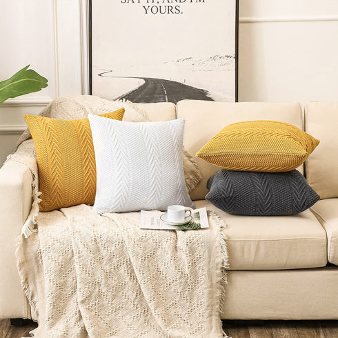 LiBcmlian Yellow Throw Pillow Covers 18x18 Set of 2 Cotton Pillow Cushion Cases Cable Knit Decoration Square Pillowcases for Couch Sofa Bedroom Living Room Car