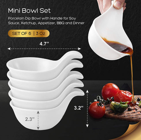 Bruntmor Matte Glazed Set Of 6 Side Dish Porcelain Dip Bowl Set with Handle, for Soy Sauce, Ketchup, Appetizer, For BBQ and Dinner, 3 ounce, White
