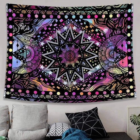 Fowocu Psychedelic Colorful Sun and Moon Tapestry Wall Hanging, Indie Hippie Mandala Cool Trippy Wall Tapestries, Purple Blacklight Tapestry for Bedroom Living Room Dorm (Multi Color, 60'' — 80'')