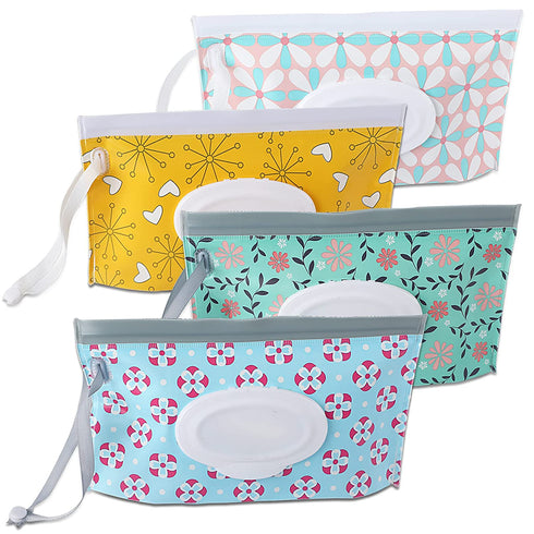 FEBSNOW 4 Pack Baby Wipe Dispenser,Portable Refillable Wipe Holder,Baby Wipes Container,Wipe Dispenser,Reusable Travel Wet Wipe Pouch(Floral)