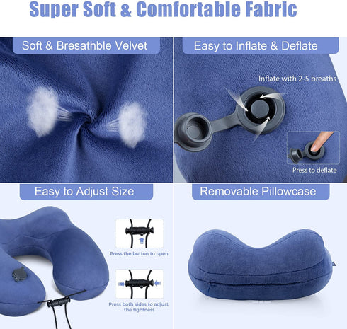 Extra-Compact Travel Neck Pillow, 100% Soft Velvet Inflatable Neck Support Airplane Pillows with 3D Eye Mask and Earplugs for Adults Kids, Best Travel Essentials for Sleeping / Reading / Camping(Blue)