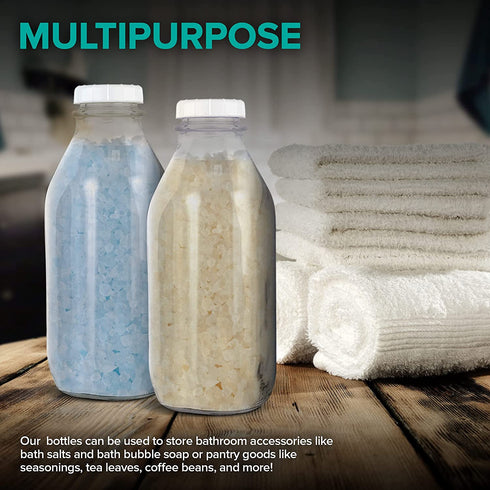 Liter Glass Milk Bottles (4 Pack) 8 White Caps - 33.8 Oz Milk Jars with Lids - Food Grade Glass Bottles - Dishwasher Safe - Bottles for Oat Milk, Buttermilk, Honey, Syrup, Jam, Sauce - Stock Your Home