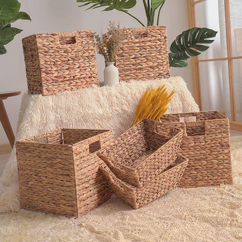 Water Hyacinth Storage Baskets Natural Handwoven Stackable Organizer Wicker Basket Bin With Handles for Cabinets,Cupboards,Shelves, Hold Vegetable,Towels Books Snacks Bottles 2 Pack 12x9x6 Natural/Tan