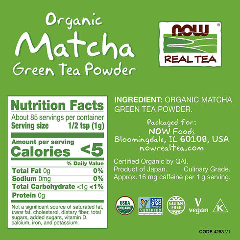 NOW Foods Natural Foods, Certified Organic Matcha Green Tea Powder, Non-GMO Project Verified, 3-Ounce (4253)