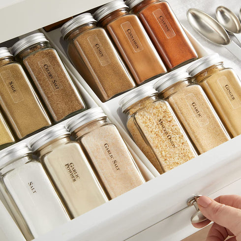 Talented Kitchen 14 Empty 4 oz Square Glass Spice Jars with Lids + Clear Minimalist Spice Labels in 2 Preprinted Chalkboard Styles, Pour/Sift & Coarse Shakers with Airtight Caps, Complete Organization Set
