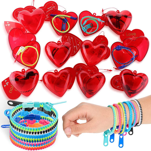 35 Pack Valentine Friendship Bracelet Zipper Sensory Bracelet Fidget Toys Valentines Day Pre Filled Hearts with Valentine Cards for Valentines, Birthday, Goodie Bags, Pinata Filler, Classroom Rewards