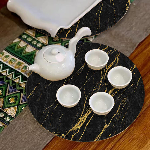 Round Cork Placemats for Dining Table Set of 4-13.7"Large Circles for Cork Hot Pads/Pots/Plates-Washable Waterproof Wipable Non Slip Stain for Kitchen Dining Table-Black Marble Golden Texture Pattern