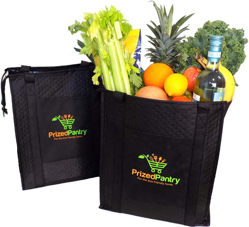 Prized Pantry 2 Pack Insulated Reusable Grocery Bags, X-Large Heavy Duty Cooler Tote Bags, Premium Insulation, Bottom Support, Wrap-Around Handles, Front Pocket, Zipper, No Leak, Keeps Food Hot/Cold