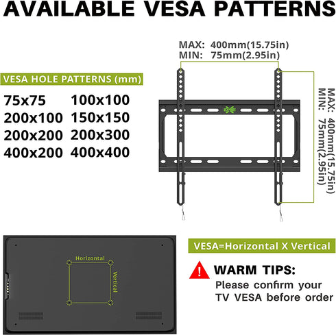 USX MOUNT Fixed TV Wall Mount with Low Profile for Most 26-55 Inch LED, LCD and Flat Screen TVs, TV Mount Bracket with VESA Up to 400x400mm and Weight Capacity 99lbs,and Space Saving TV Bracket