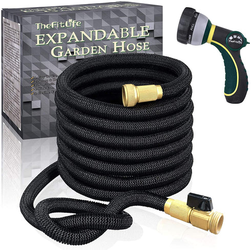 TheFitLife Flexible and Expandable Garden Hose - Triple Latex Core with 3/4" Solid Brass Fittings and 8 Function Spray Nozzle, Easy Storage Kink Free Water Hose (50 FT)