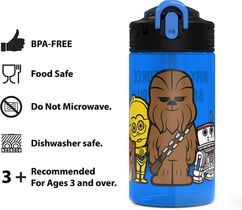 Zak Designs PP Park Straw Kids Durable Plastic Spout Cover and Built-in Carrying Loop, Leak-Proof Water Design for Travel, (16oz, 2pc Set), Darth Vader Bottle 2pk