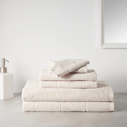 Amazon Basics 6-Piece Fade Resistant Bath, Hand and Washcloth Towel Set - Cream Grid