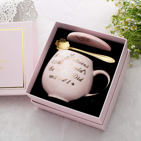 Oyiyou 2021 Graduation and Congratulations Gifts for Her - She Believed she could So She Did - Presents for College Nurse Graduated Women - Pink Marble Ceramic Coffee Mug 14oz and Coaster
