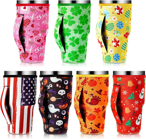 7 Pieces Reusable Iced Coffee Cup Sleeve Neoprene Insulated Cup Sleeves Tumbler Cup Drinks Sleeve Holder Drinks Cover Holder with Handle for Cold Hot Beverages Holiday Party Supplies, 30 Oz
