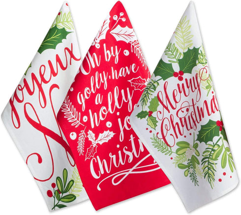 DII Christmas Fun Collection Printed Dishtowel Set, 18x28, Printed Holly, 3 Piece