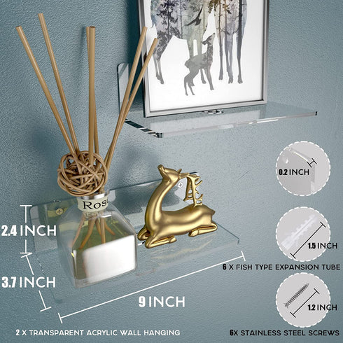 Meperg 9 Inch Clear Acrylic Floating Wall Shelf Set of 2, Small Acrylic Wall Display Shelf for Bathroom,Bedroom,Living Room,Office.
