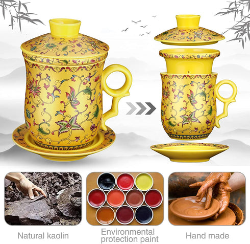 Tea Mug with Strainer Infuser/Lid/Saucer Ceramic Tea Cup Convenient System Chinese China JINGDEZHEN Porcelain Personal Travelling Teacup Set, Noble Enamel Yellow, 13.5oz(400ml)