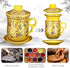 Tea Mug with Strainer Infuser/Lid/Saucer Ceramic Tea Cup Convenient System Chinese China JINGDEZHEN Porcelain Personal Travelling Teacup Set, Noble Enamel Yellow, 13.5oz(400ml)