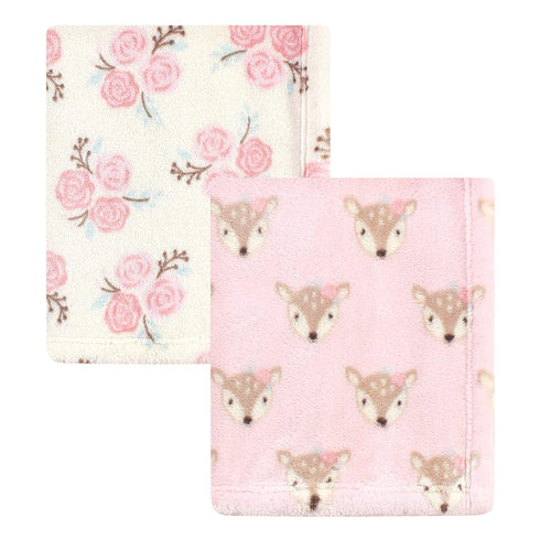 Hudson Baby Unisex Baby Cozy Plush Luxury Blankets 2pk, Floral Deer, One Size