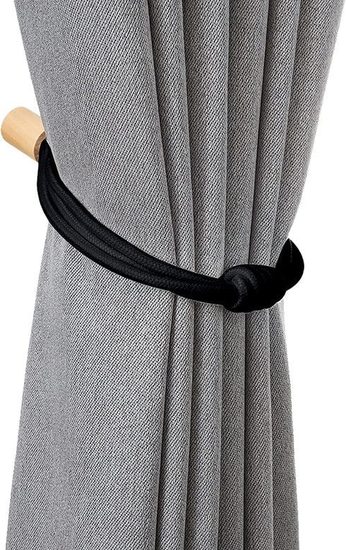 Porlepuo Magnetic Curtain Tiebacks 2-4 Pack, Curtain Holdbacks in Elastic Rope, Decorative Curtain Ties 20.6 inches for Thin or Thick Home Office Drapes (Black, 4)