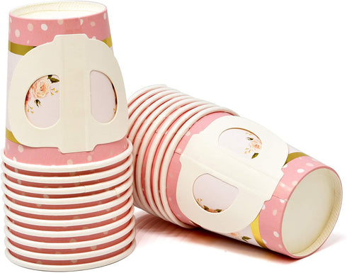 36 Disposable Tea Party Cups 5 oz 3" 36 Saucers 5" Paper Floral Shaped Plate Teacup Set with Handle for Kids Girls Mom Coffee Mugs Wedding Birthday Baby Bridal Shower Gold Foil & Pink Table Supplies
