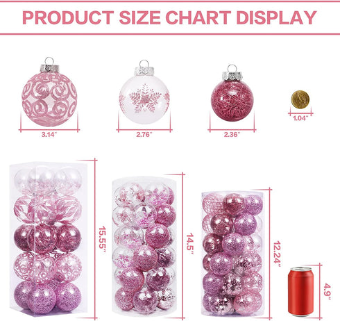 60MM/2.36" Clear Christmas Ornaments Set, 30PCS Shatterproof Decorative Hanging Ball Ornament with Stuffed Delicate Decorations, Xmas Tree Balls for Halloween Holiday Party Thankgivings - Pink.