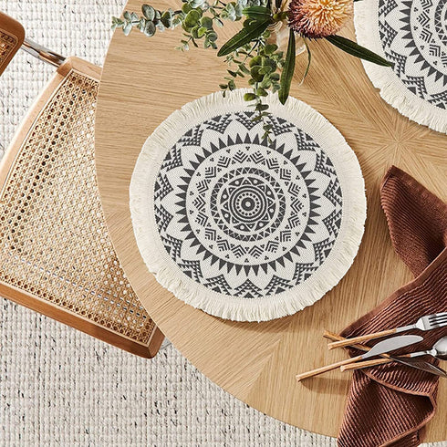 Sungea Mandala Round Placemats Set of 4, Boho Cotton Woven Macrame Tassels Table Mats Washable Heat Resistant Neutral Place Mat for Dining Room Kitchen Table Decor (13 Inches, Dark Grey)