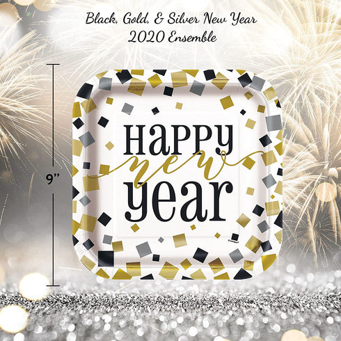 Unique 2022 Black Gold & Silver New Year Dinnerware Party Bundle | Square Dinner & Dessert Plates, Dessert Napkins | Decorations NYE Disposable Table Paper Set Supplies