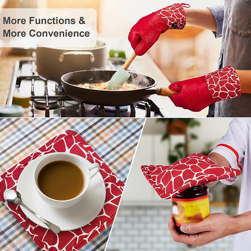 Bobalaly Silicone Oven Mitts and Pot Holders Set 500 F Heat Resistant Oven Gloves Flexible for Kitchen Cooking Baking Grilling Microwave with Quilted Liner BPA Free Non-Slip (Red)