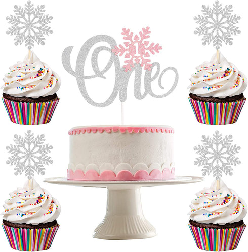 Snowflake One Cake Topper & 24 pcs Snowflake Cupcake Toppers- Winter Onederland Cake Topper, Winter Onederland 1st Birthday Girl Decorations?Silver Pink Glitter?