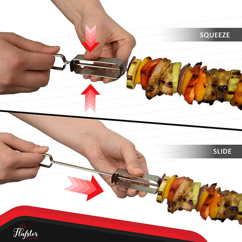 FLAFSTER KITCHEN Skewers for Grilling- 16" Long Flat BBQ Skewers with Push Bar- Shish Kabob Skewers - Stainless Steel Skewer Sticks for Camping - Wide Reusable Sword Skewers - 8 Pack with Storage Bag