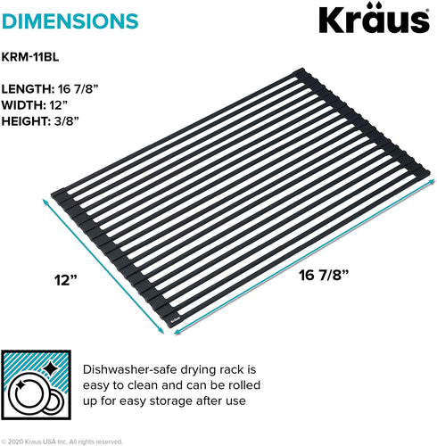 Kraus KRM-11BL Multipurpose Over Sink Roll-Up Dish Drying Rack, Matte Black,16 7/8 in. x 12 in.
