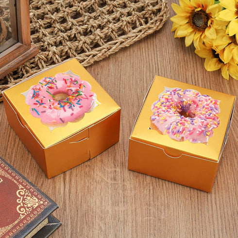 NPLUX 50 Pack Bakery Boxes with Window 4x4x2.5 inches Treat Boxes Mini Cupcake Boxes?Gold?