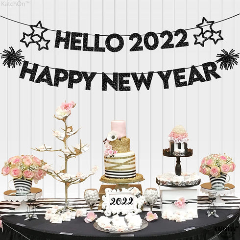 Hello 2022 Happy New Year Banner - NO DIY, Black Glitter | Happy New Year Sign for New Years Eve Party Supplies 2022 | Happy New Year Decorations 2022 | New Years Eve Banner for NYE Decorations 2022