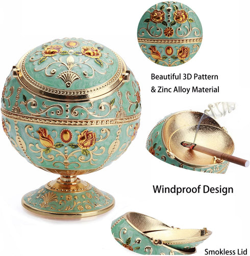 K COOL Windproof Ashtray with Lid Metal Portable Cigarettes Ashtray for Outdoors Indoors Hand Stamped Pattern Smoking Ashtray Fancy Gift for Men Women(Jade Green) ¡