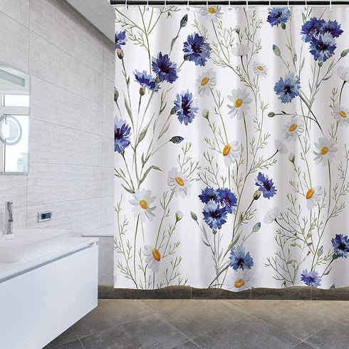 Cedriel Cornflower/Daisy Shower Curtain, Spring Blooming Blue and White Floral Pattern, Polyester Fabric, Waterproof Washable No-Fading with 12Hooks
