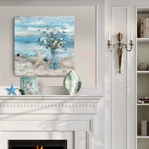 Flower Canvas Wall Art for Living Room Modern Abstract Ocean Beach Wall Decor Print Blue and White Floral in Indian Style Vase Framed Artwork for Bedroom Bathroom Office Ready to Hang 24x24inch