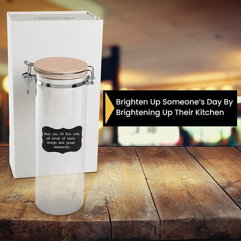 Moving Mountains Products Decorative Glass Container with Lid - Multipurpose Borosilicate Glass Pasta Container, 68 Ounce Capacity - Modern Unfinished Beech Wood Lid - with Chalkboard Labels and Pen