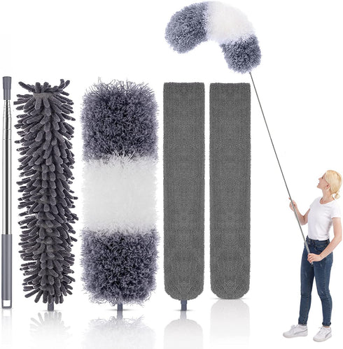 Dusters for Cleaning, Extendable Microfiber Duster with Extension Pole 30 to 100 Inches, Reusable Bendable Dusters Long Feather Duster Kit for Cleaning High Ceiling Fan, Lamp, Furniture, Blinds, Car