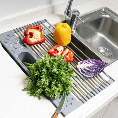 Koroda Roll Up Dish Drying Rack Over The Sink: 20'' x 11'' Large Dish Drying Rack with Utensil Holder Foldable Stainless Steel Dish Drainer for Kitchen Sink (Gray)